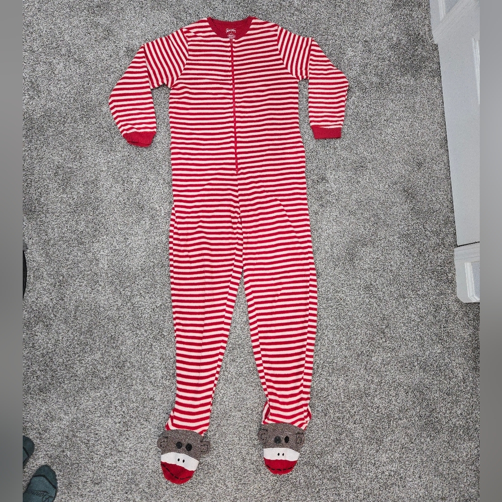 Nick & Nora Red and White Striped Adult Sock Monkey Footie Pajama